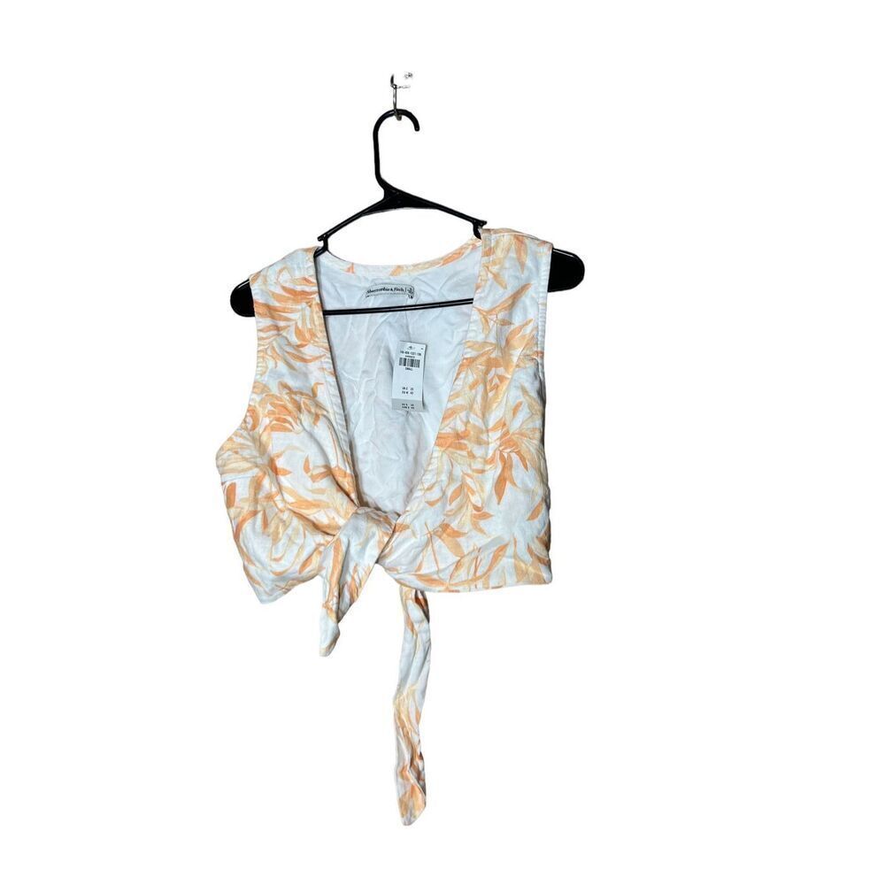 Abercrombie & Fitch Orange & White Linen Blend Sleeveless Tie Front Crop Top Siz
